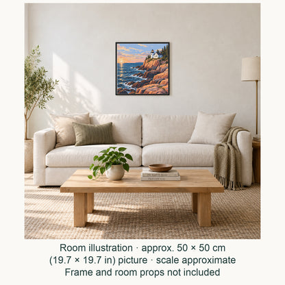 Room illustration showing an approximately 50 × 50 cm (19.7 × 19.7 in) picture, excluding the frame. Frame and room props not included; room scale is approximate.
