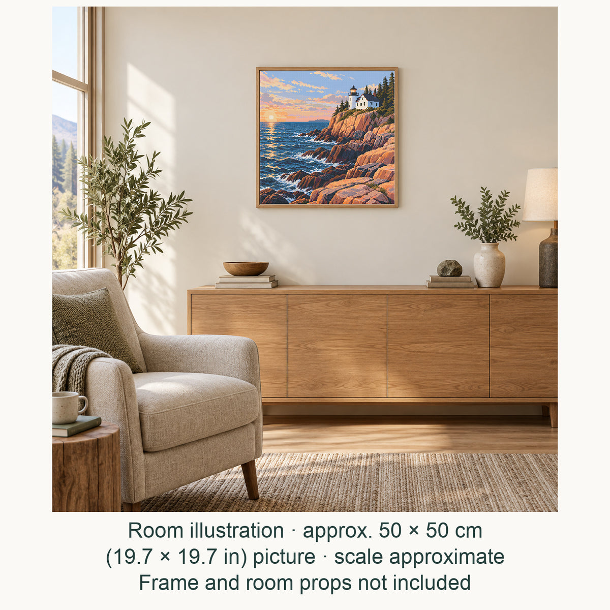 Room illustration showing an approximately 50 × 50 cm (19.7 × 19.7 in) picture, excluding the frame. Frame and room props not included; room scale is approximate.