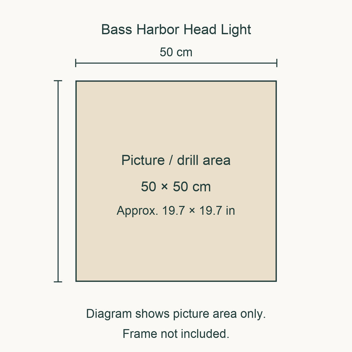 Size guide for this design: 50 × 50 cm (approximately 19.7 × 19.7 in) picture/drill area. Canvas margins and outer frame dimensions are not shown. Frame not included.