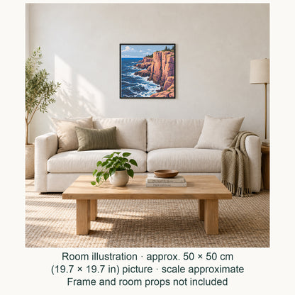 Room illustration showing an approximately 50 × 50 cm (19.7 × 19.7 in) picture, excluding the frame. Frame and room props not included; room scale is approximate.