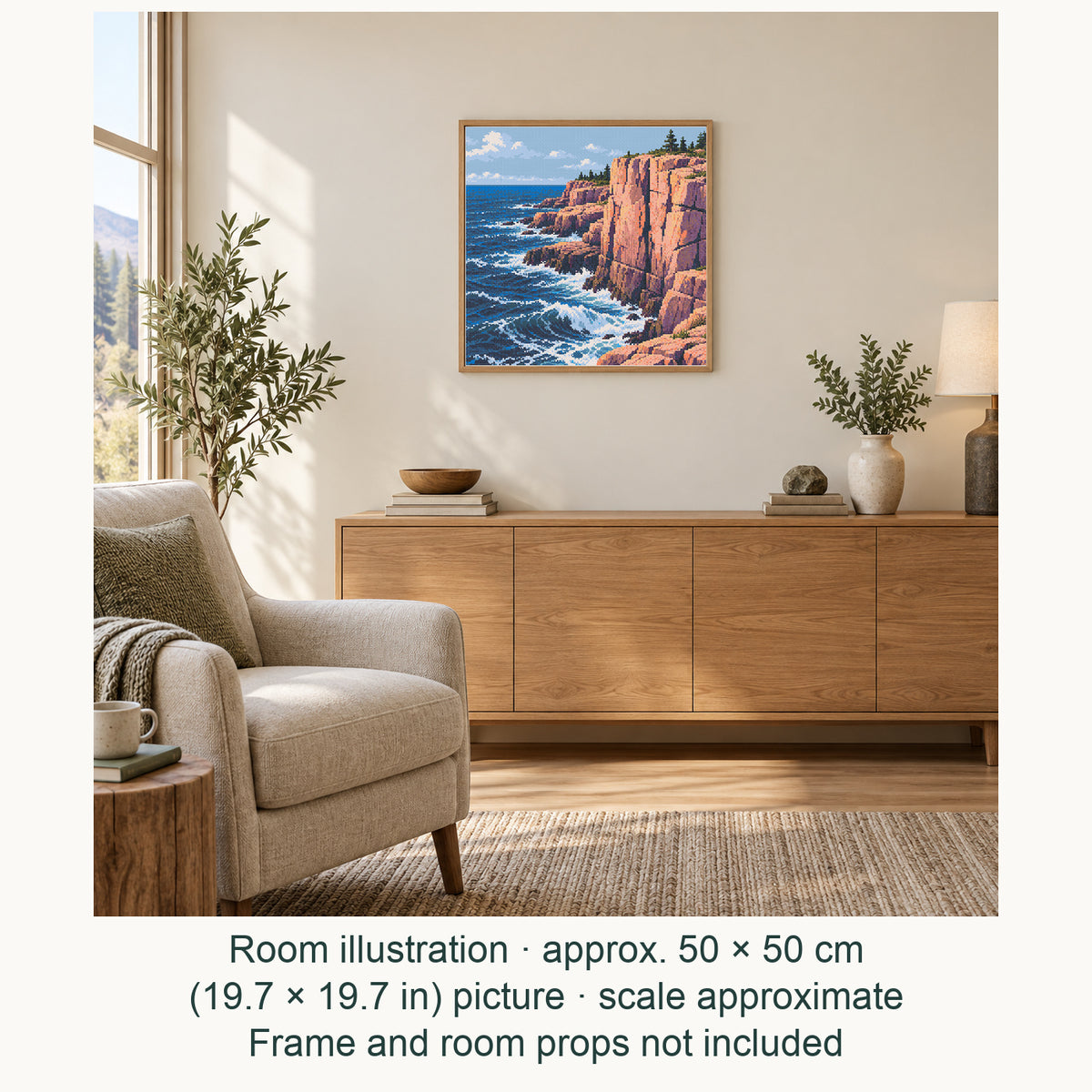 Room illustration showing an approximately 50 × 50 cm (19.7 × 19.7 in) picture, excluding the frame. Frame and room props not included; room scale is approximate.