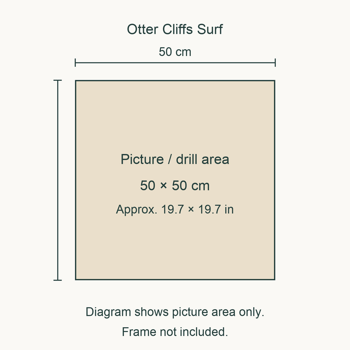 Size guide for this design: 50 × 50 cm (approximately 19.7 × 19.7 in) picture/drill area. Canvas margins and outer frame dimensions are not shown. Frame not included.