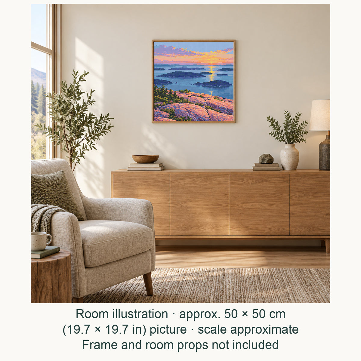 Room illustration showing an approximately 50 × 50 cm (19.7 × 19.7 in) picture, excluding the frame. Frame and room props not included; room scale is approximate.