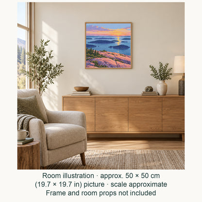 Room illustration showing an approximately 50 × 50 cm (19.7 × 19.7 in) picture, excluding the frame. Frame and room props not included; room scale is approximate.