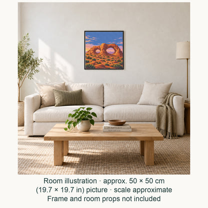 Room illustration showing an approximately 50 × 50 cm (19.7 × 19.7 in) picture, excluding the frame. Frame and room props not included; room scale is approximate.