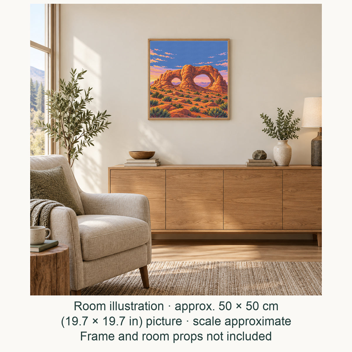 Room illustration showing an approximately 50 × 50 cm (19.7 × 19.7 in) picture, excluding the frame. Frame and room props not included; room scale is approximate.