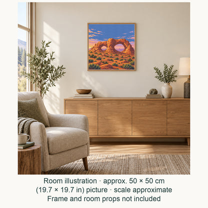 Room illustration showing an approximately 50 × 50 cm (19.7 × 19.7 in) picture, excluding the frame. Frame and room props not included; room scale is approximate.