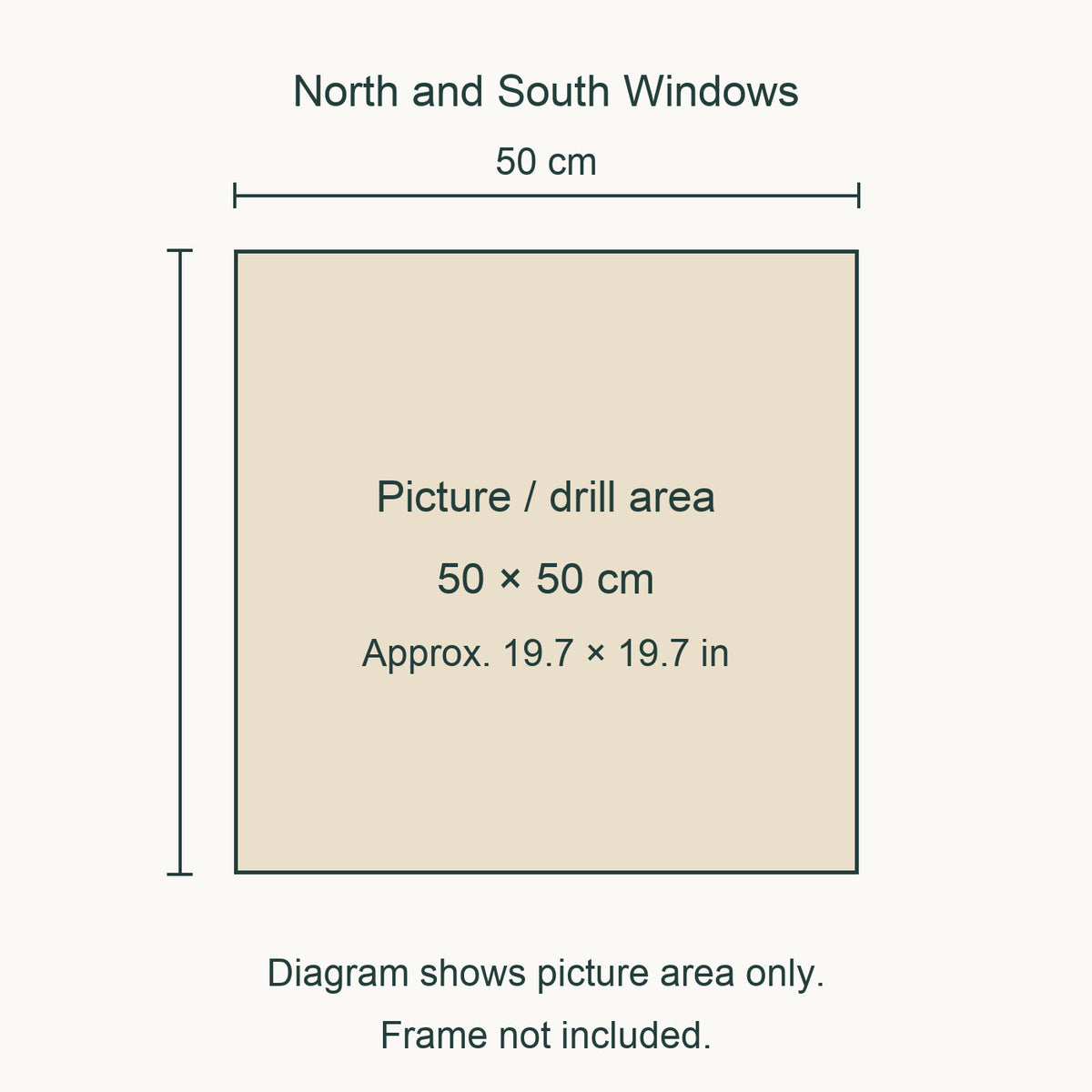 Size guide for this design: 50 × 50 cm (approximately 19.7 × 19.7 in) picture/drill area. Canvas margins and outer frame dimensions are not shown. Frame not included.
