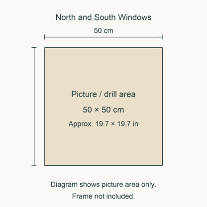 Size guide for this design: 50 × 50 cm (approximately 19.7 × 19.7 in) picture/drill area. Canvas margins and outer frame dimensions are not shown. Frame not included.