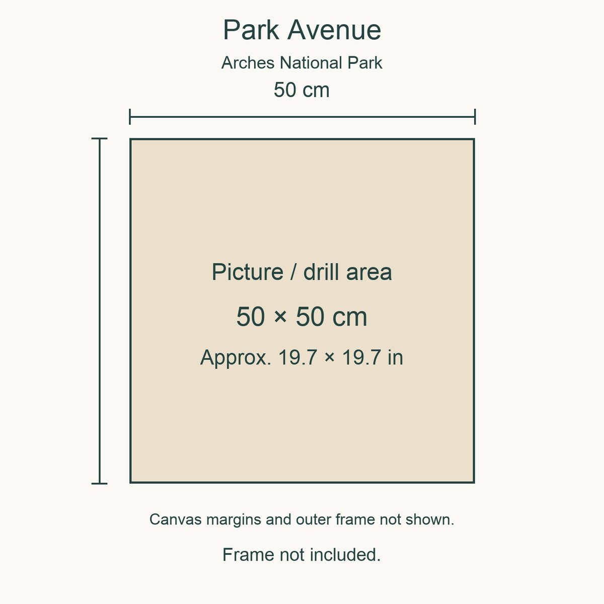 Size guide: 50 × 50 cm (approximately 19.7 × 19.7 in) picture/drill area. Canvas margins and outer frame dimensions are not shown. Frame not included.