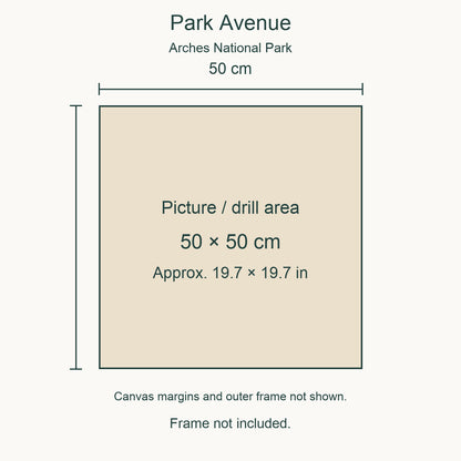 Size guide: 50 × 50 cm (approximately 19.7 × 19.7 in) picture/drill area. Canvas margins and outer frame dimensions are not shown. Frame not included.