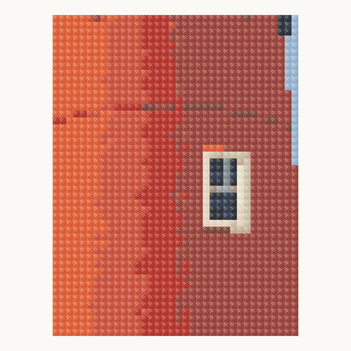 Enlarged local square-diamond simulation of the red painted tower wall and recessed window; not a finished-sample photograph.
