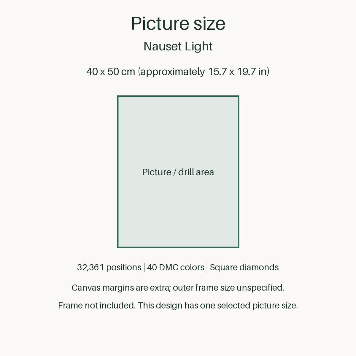 Proportional size guide for the sole 40 × 50 cm picture area. Canvas margins are extra; outer-frame size unspecified. Frame not included.