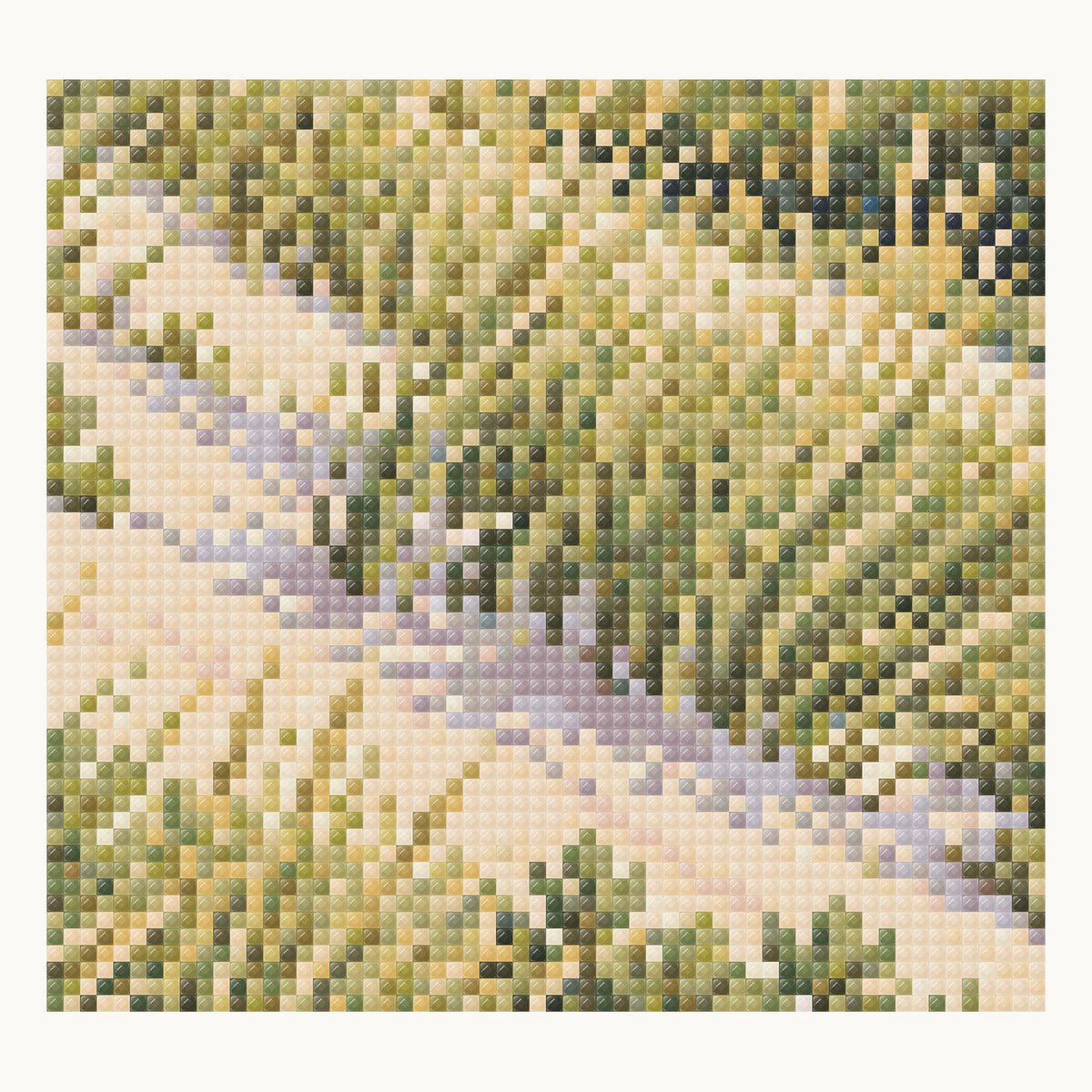 Enlarged local square-diamond simulation of grass tufts, pale dune sand and cool slope shadows; not a finished-sample photograph.