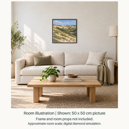 Room illustration showing an approximately 50 × 50 cm picture. Frame and room props not included; room scale is approximate.