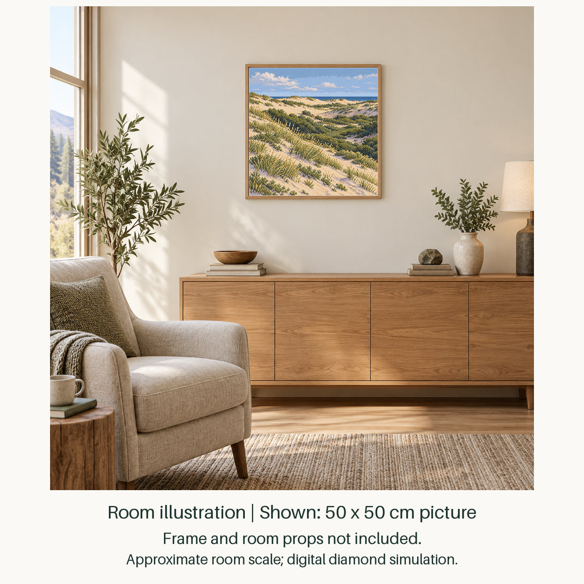 Room illustration showing an approximately 50 × 50 cm picture. Frame and room props not included; room scale is approximate.
