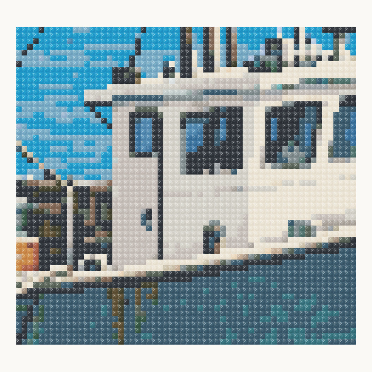 Enlarged local square-diamond simulation of the white wheelhouse, dark cabin windows and upper teal hull; not a finished-sample photograph.