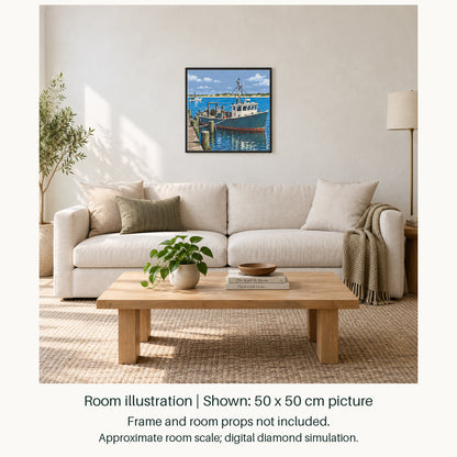 Room illustration showing an approximately 50 × 50 cm picture. Frame and room props not included; room scale is approximate.