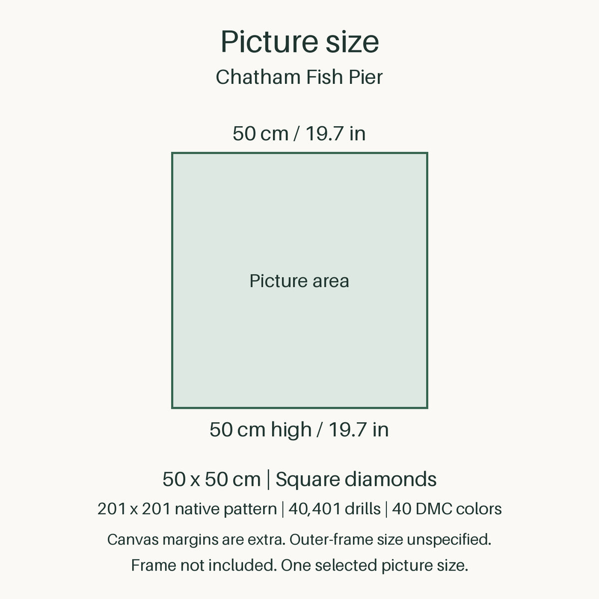 Proportional size guide for the sole 50 × 50 cm picture area. Canvas margins are extra; outer-frame size unspecified. Frame not included.