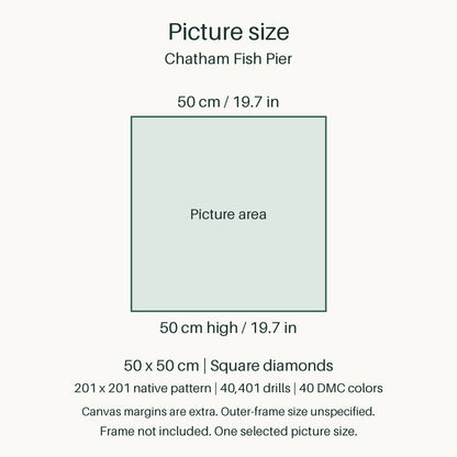 Proportional size guide for the sole 50 × 50 cm picture area. Canvas margins are extra; outer-frame size unspecified. Frame not included.