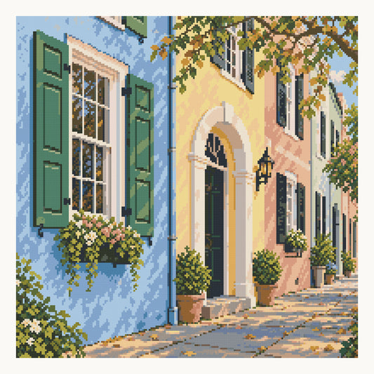 Rainbow Row Street Detail — digital square-diamond preview of the 50 × 50 cm picture area. Finished colors and sparkle can vary.