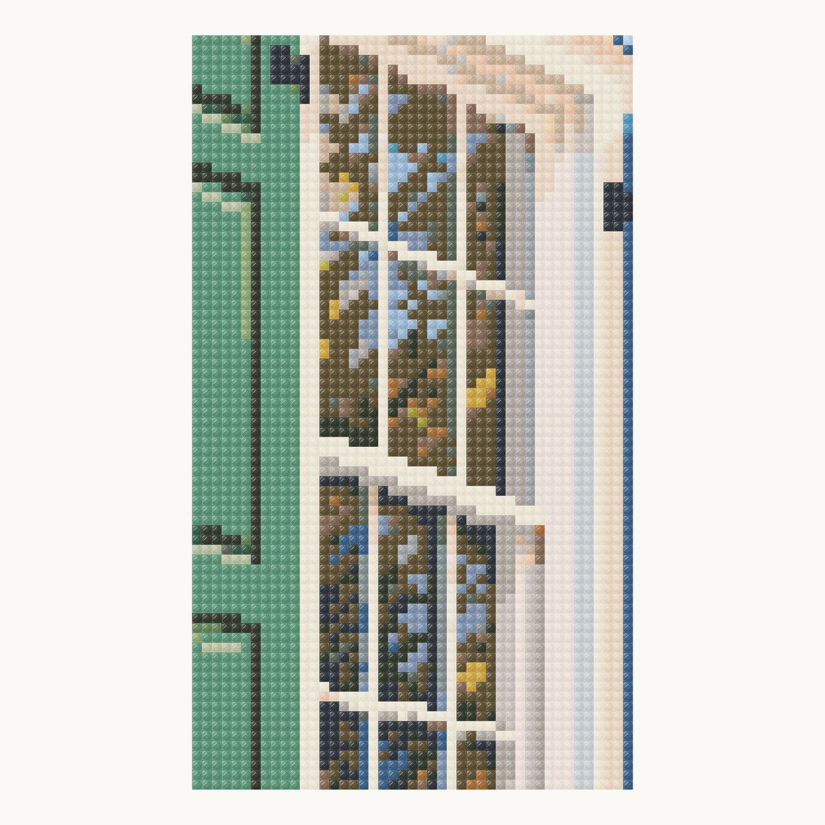 Enlarged local square-diamond simulation of the green shutter and window divisions; not a finished-sample photograph.