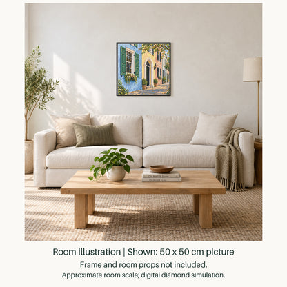 Room illustration showing an approximately 50 × 50 cm picture. Frame and room props not included; room scale is approximate.