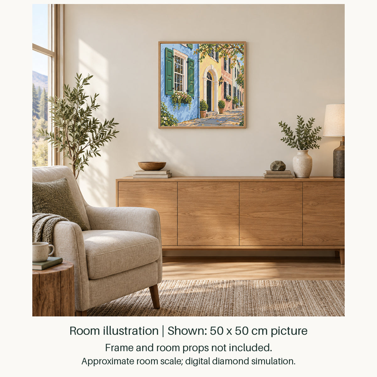 Room illustration showing an approximately 50 × 50 cm picture. Frame and room props not included; room scale is approximate.