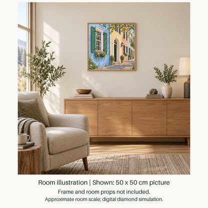 Room illustration showing an approximately 50 × 50 cm picture. Frame and room props not included; room scale is approximate.