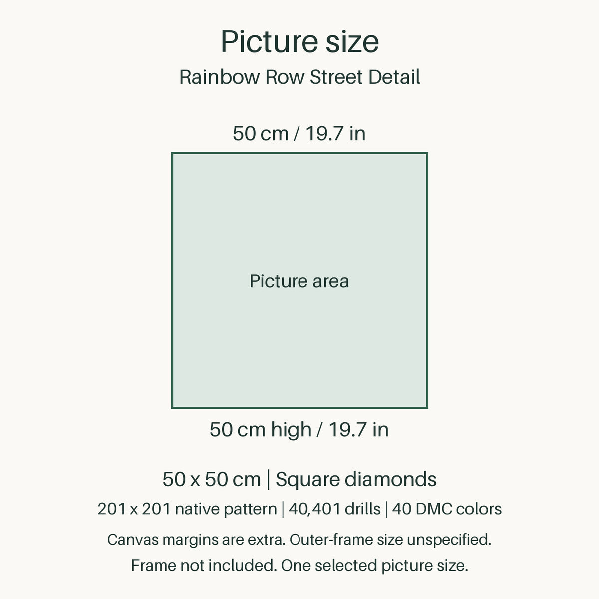 Proportional size guide for the sole 50 × 50 cm picture area. Canvas margins are extra; outer-frame size unspecified. Frame not included.