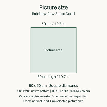 Proportional size guide for the sole 50 × 50 cm picture area. Canvas margins are extra; outer-frame size unspecified. Frame not included.