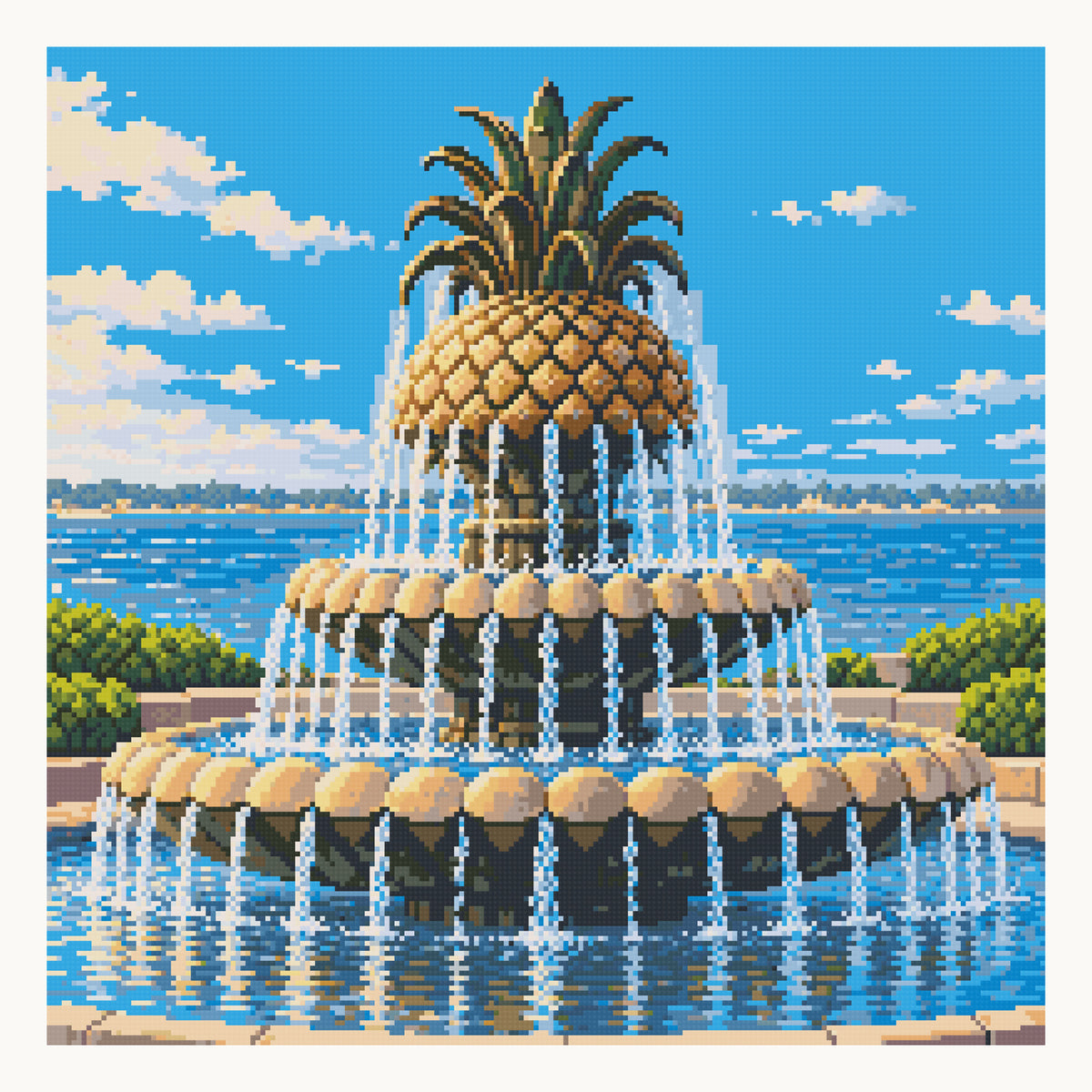 Charleston Pineapple Fountain — 50 × 50 cm (19.7 × 19.7 in) digital square-diamond preview. Digital simulation; finished colors and sparkle can vary.