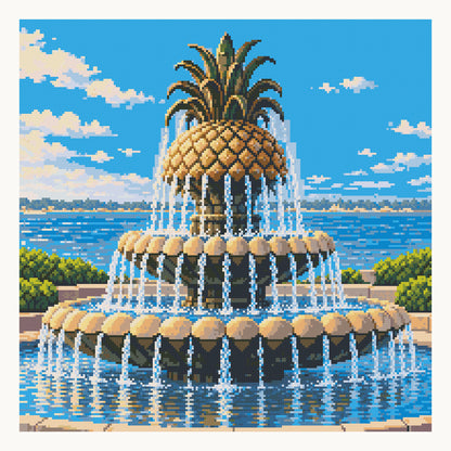 Charleston Pineapple Fountain — 50 × 50 cm (19.7 × 19.7 in) digital square-diamond preview. Digital simulation; finished colors and sparkle can vary.