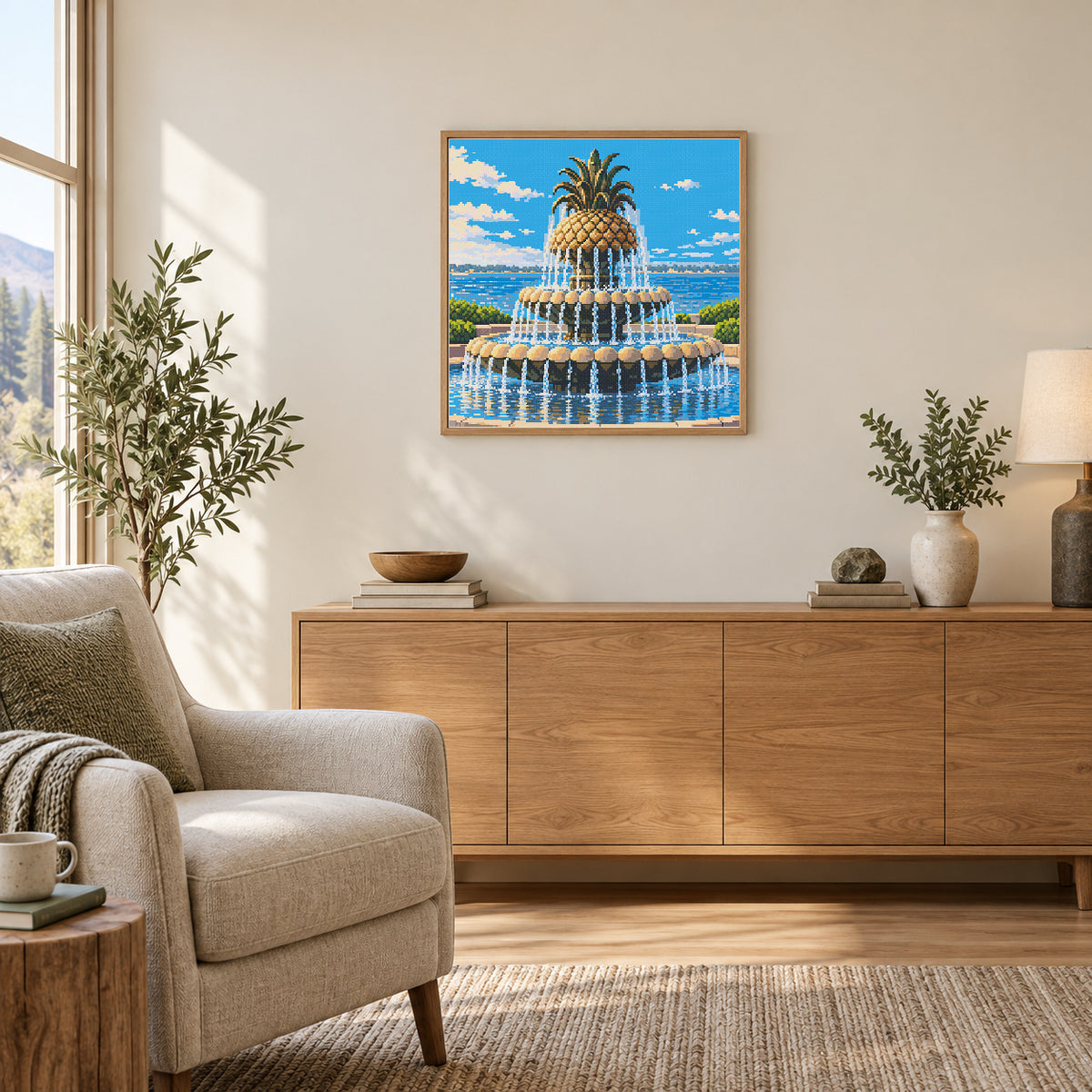 Room illustration showing an approximately 50 × 50 cm (19.7 × 19.7 in) picture, excluding the frame. Frame and room props not included; room scale is approximate.