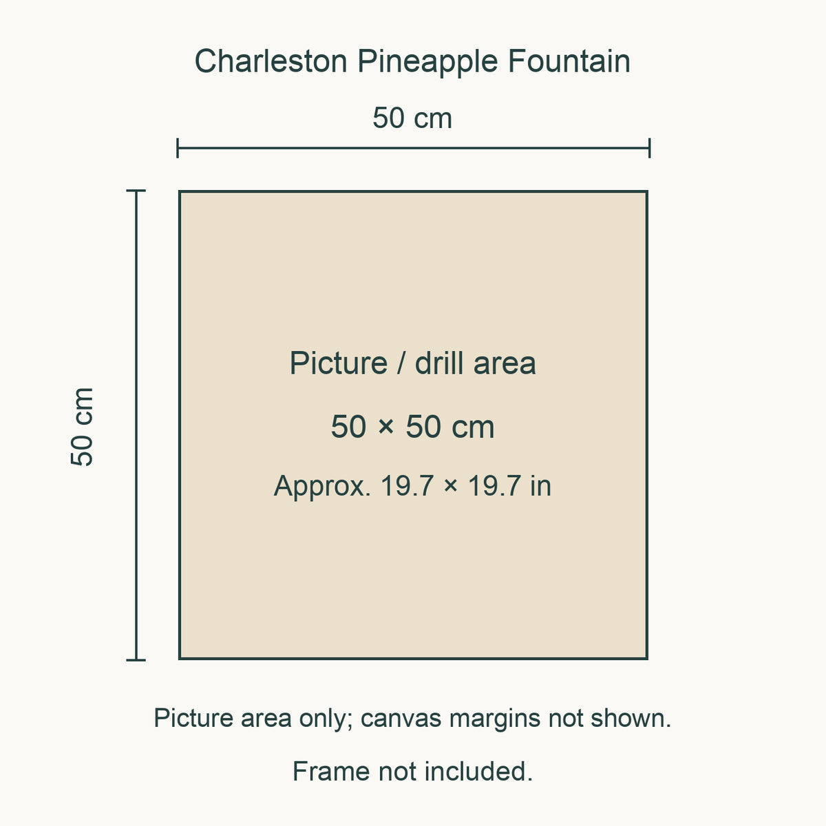 Size guide for this design: 50 × 50 cm (approximately 19.7 × 19.7 in) picture/drill area. Canvas margins and outer frame dimensions are not shown. Frame not included.