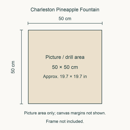 Size guide for this design: 50 × 50 cm (approximately 19.7 × 19.7 in) picture/drill area. Canvas margins and outer frame dimensions are not shown. Frame not included.
