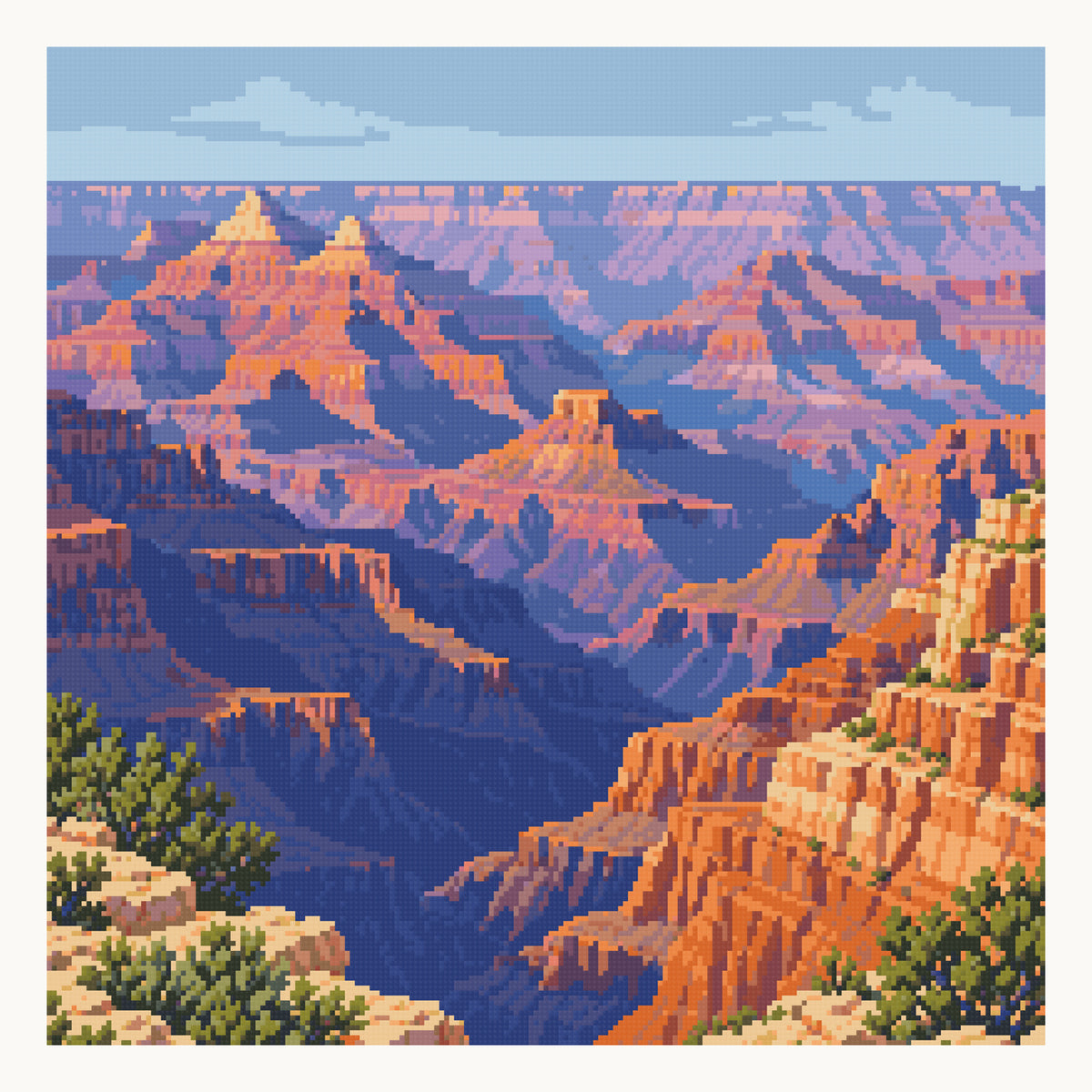 Mather Point Morning — original Grand Canyon artwork, shown as a digital preview of the 50 × 50 cm picture area. Finished colors and sparkle can vary.