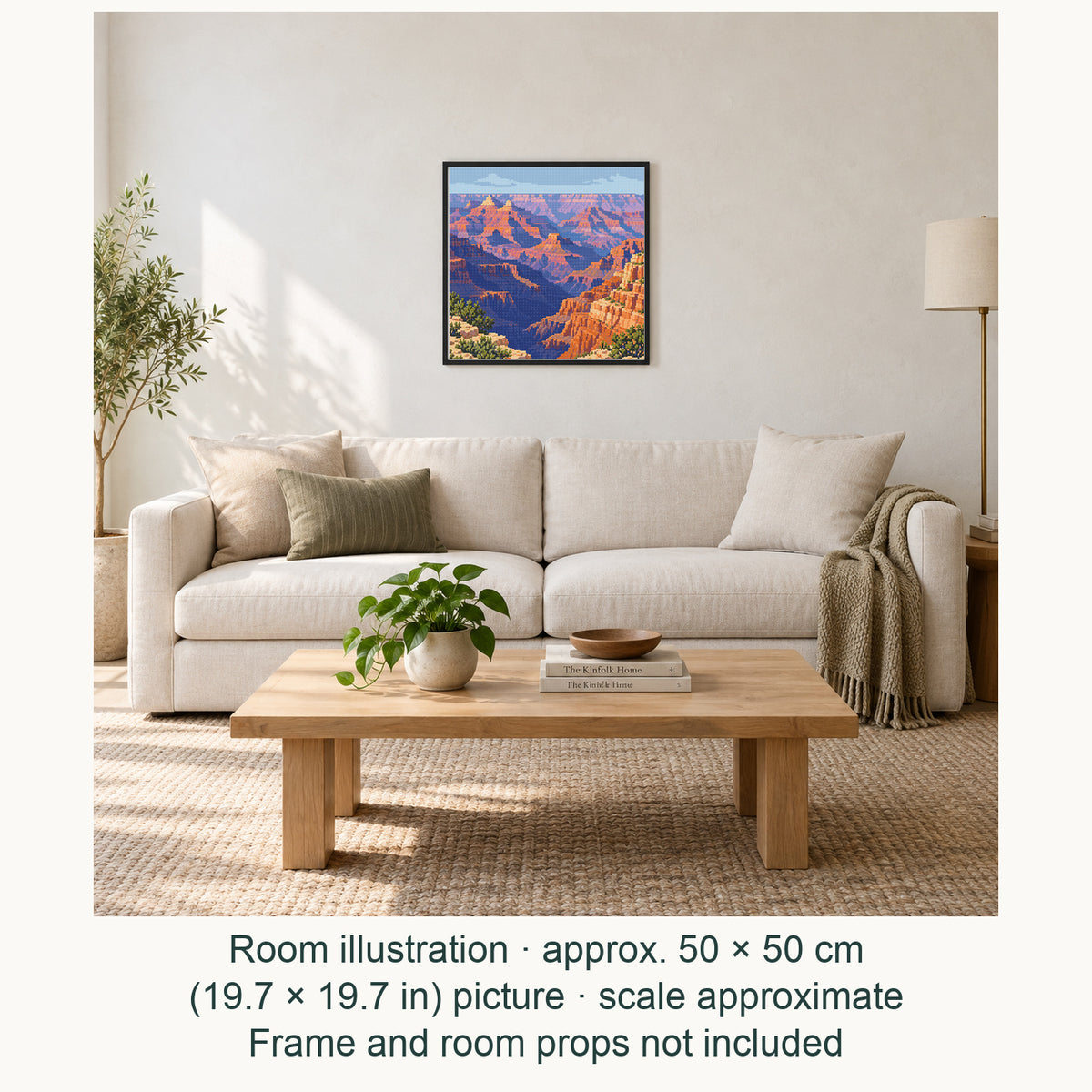 Room illustration showing an approximately 50 × 50 cm (19.7 × 19.7 in) picture, excluding the frame. Frame and room props not included; room scale is approximate.