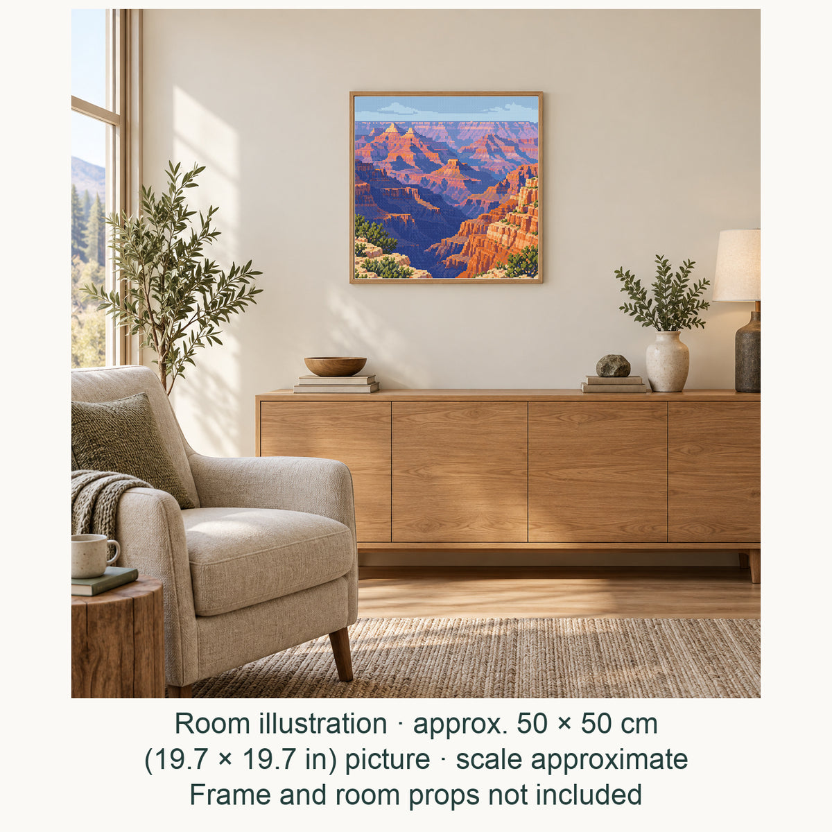 Room illustration showing an approximately 50 × 50 cm (19.7 × 19.7 in) picture, excluding the frame. Frame and room props not included; room scale is approximate.