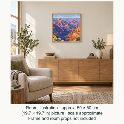 Room illustration showing an approximately 50 × 50 cm (19.7 × 19.7 in) picture, excluding the frame. Frame and room props not included; room scale is approximate.