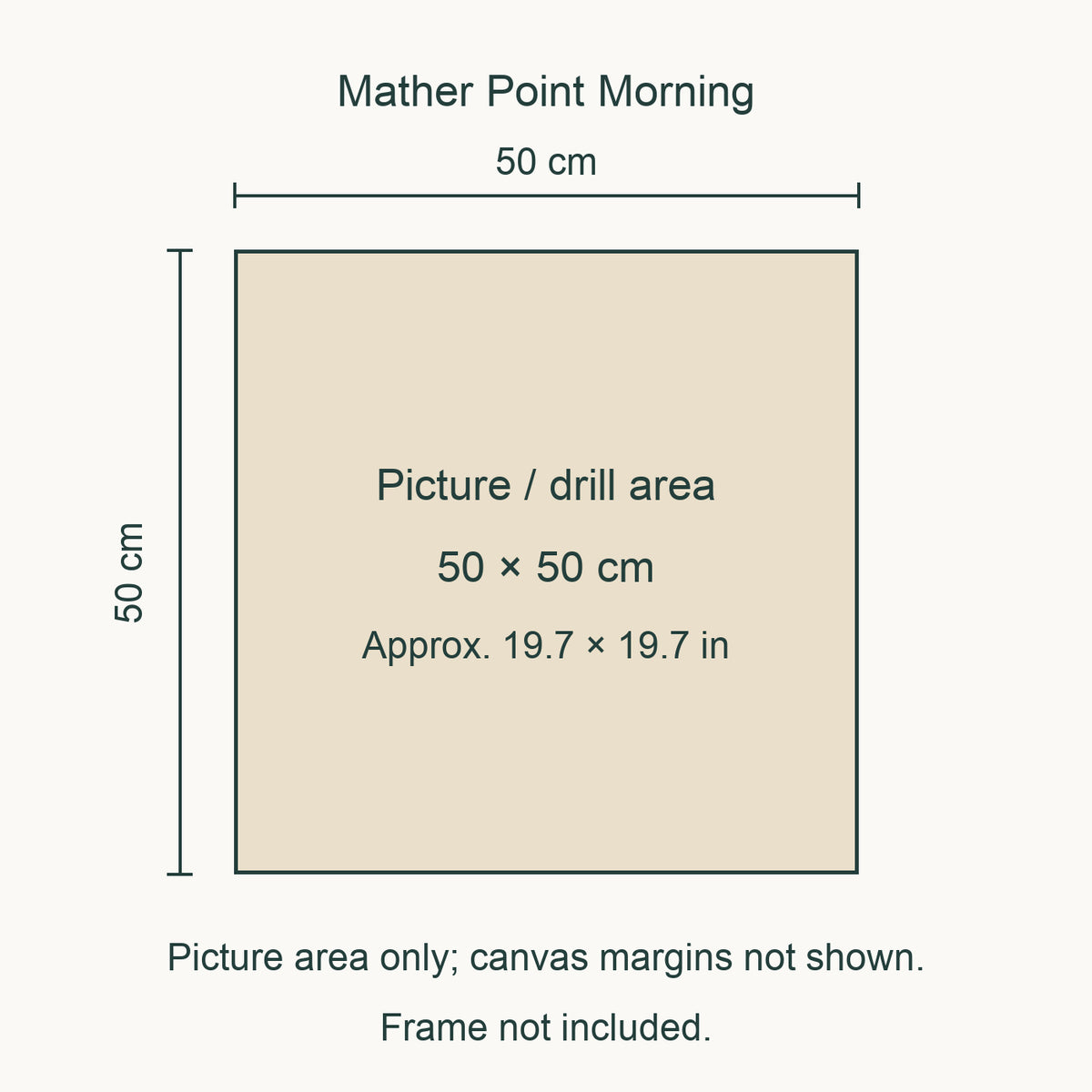 Size guide for this design: 50 × 50 cm (approximately 19.7 × 19.7 in) picture/drill area. Canvas margins and outer frame dimensions are not shown. Frame not included.