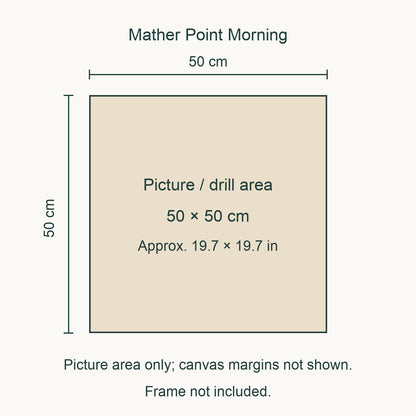 Size guide for this design: 50 × 50 cm (approximately 19.7 × 19.7 in) picture/drill area. Canvas margins and outer frame dimensions are not shown. Frame not included.