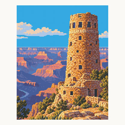 Desert View Watchtower — original Grand Canyon artwork, shown as a digital preview of the 40 × 50 cm picture area. Finished colors and sparkle can vary.