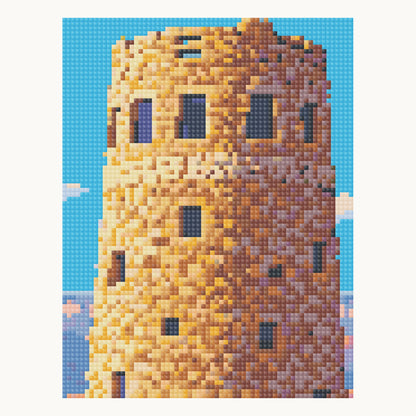 Desert View Watchtower — enlarged local digital square-drill detail from the same 40 × 50 cm pattern; not a finished sample photo.