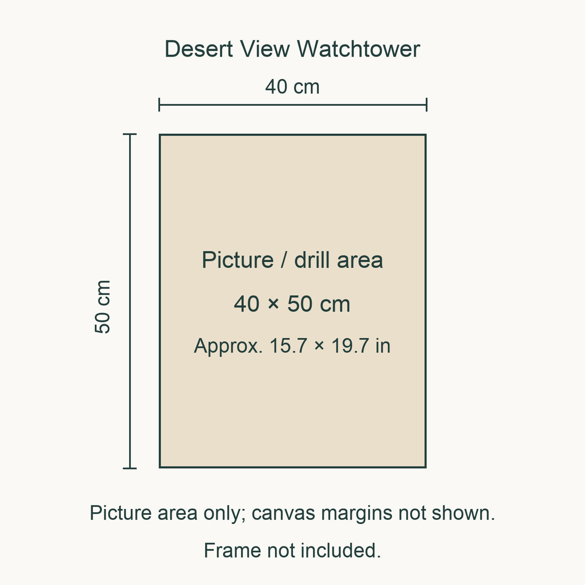 Size guide for this design: 40 × 50 cm (approximately 15.7 × 19.7 in) picture/drill area. Canvas margins and outer frame dimensions are not shown. Frame not included.