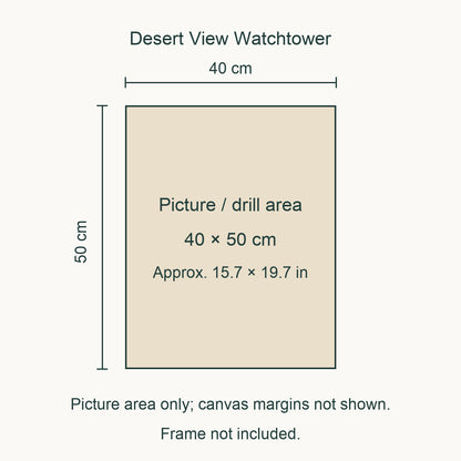 Size guide for this design: 40 × 50 cm (approximately 15.7 × 19.7 in) picture/drill area. Canvas margins and outer frame dimensions are not shown. Frame not included.
