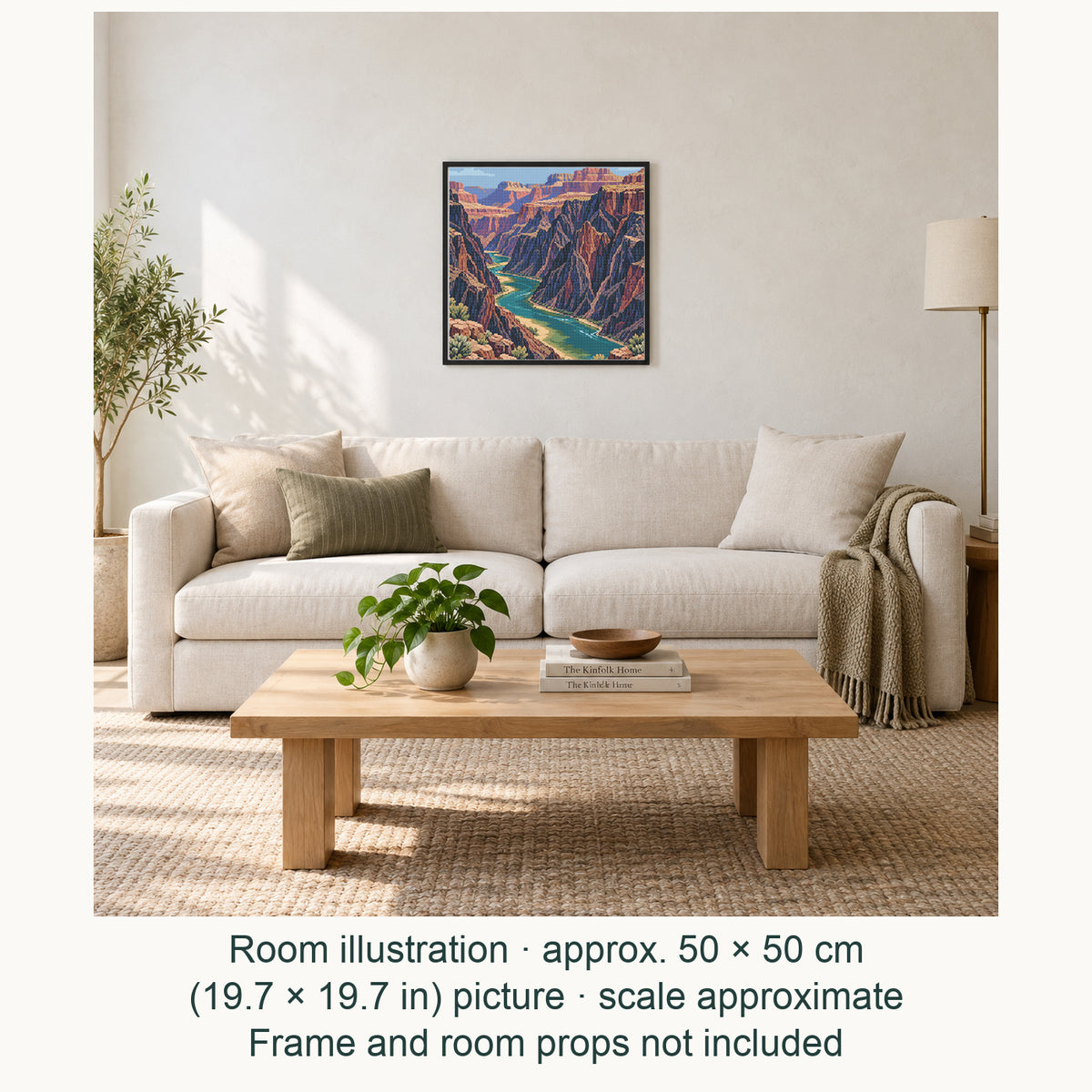 Room illustration showing an approximately 50 × 50 cm (19.7 × 19.7 in) picture, excluding the frame. Frame and room props not included; room scale is approximate.
