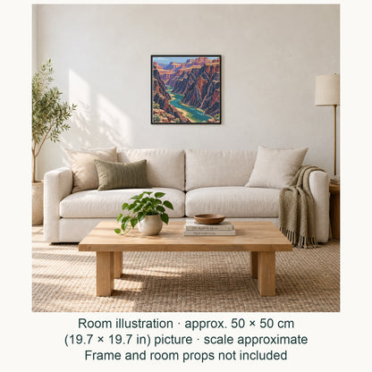 Room illustration showing an approximately 50 × 50 cm (19.7 × 19.7 in) picture, excluding the frame. Frame and room props not included; room scale is approximate.