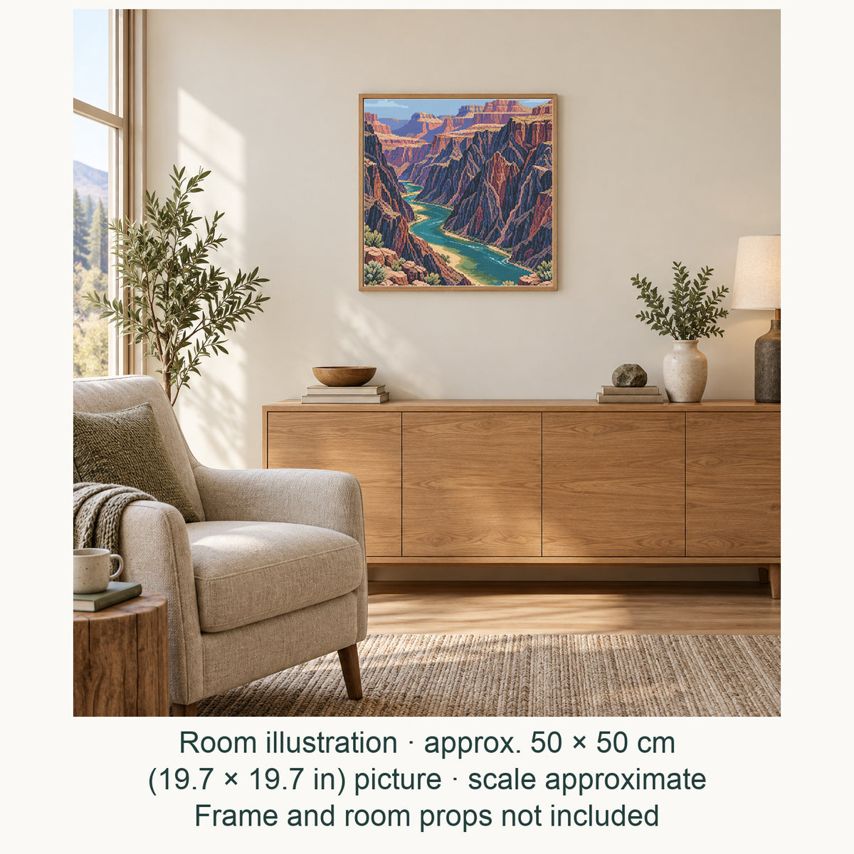 Room illustration showing an approximately 50 × 50 cm (19.7 × 19.7 in) picture, excluding the frame. Frame and room props not included; room scale is approximate.