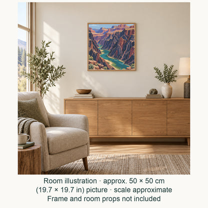 Room illustration showing an approximately 50 × 50 cm (19.7 × 19.7 in) picture, excluding the frame. Frame and room props not included; room scale is approximate.